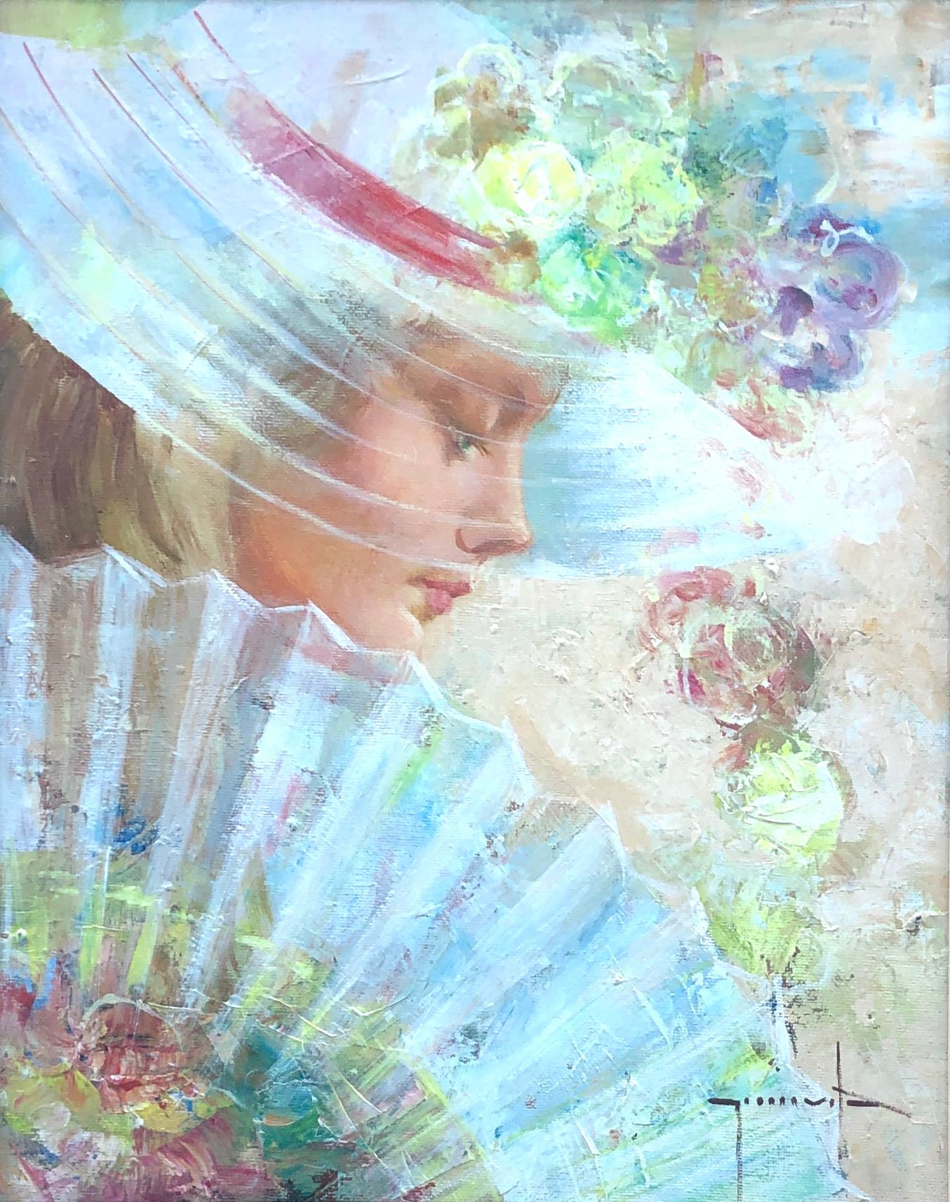 Woman in profile with fan oil on board painting
