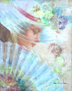 Woman in profile with fan oil on board painting