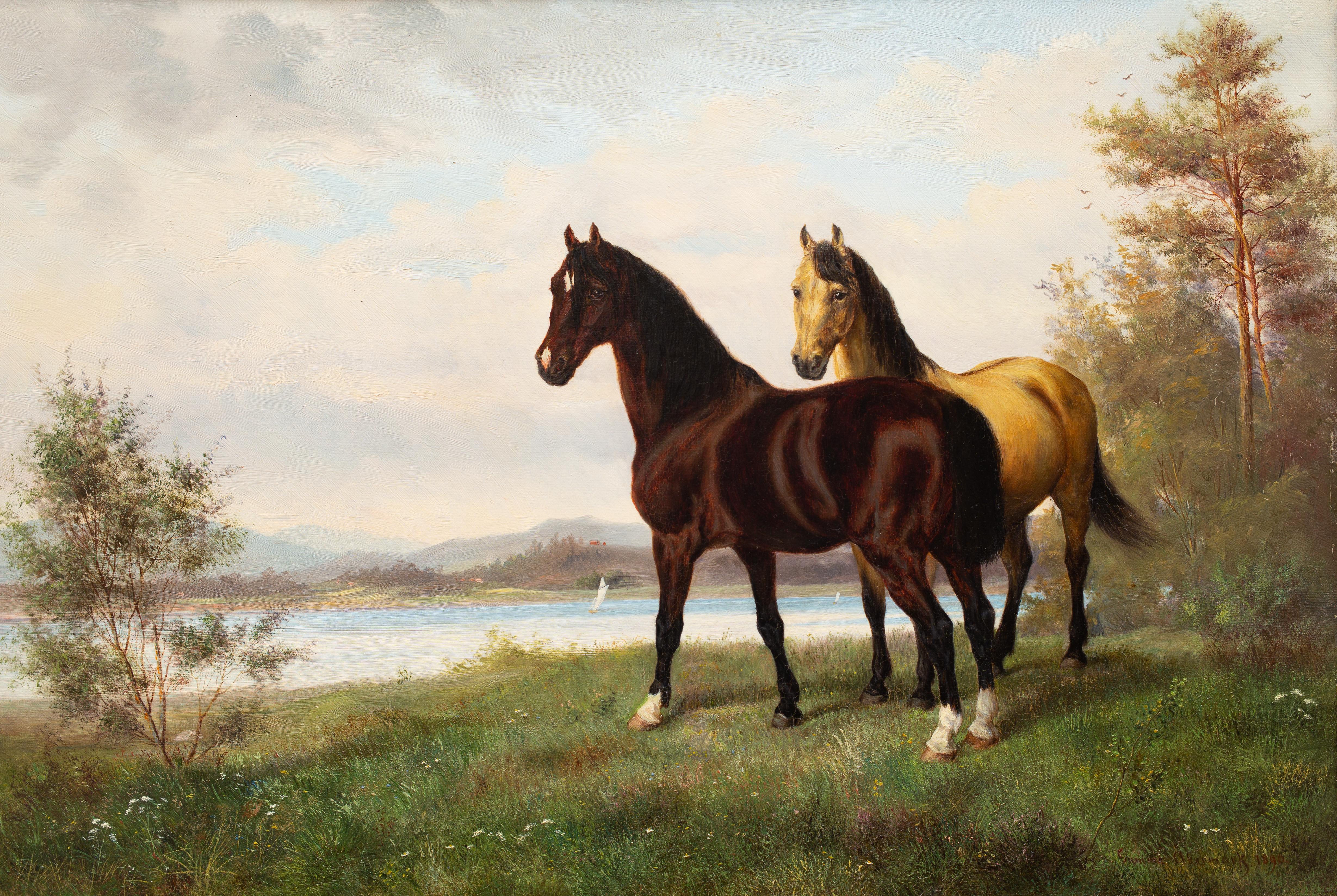 Two Horses in a Landscape With Sailboats in Distance, Swedish, Oil on Canvas  - Painting by Gumme Åkermark