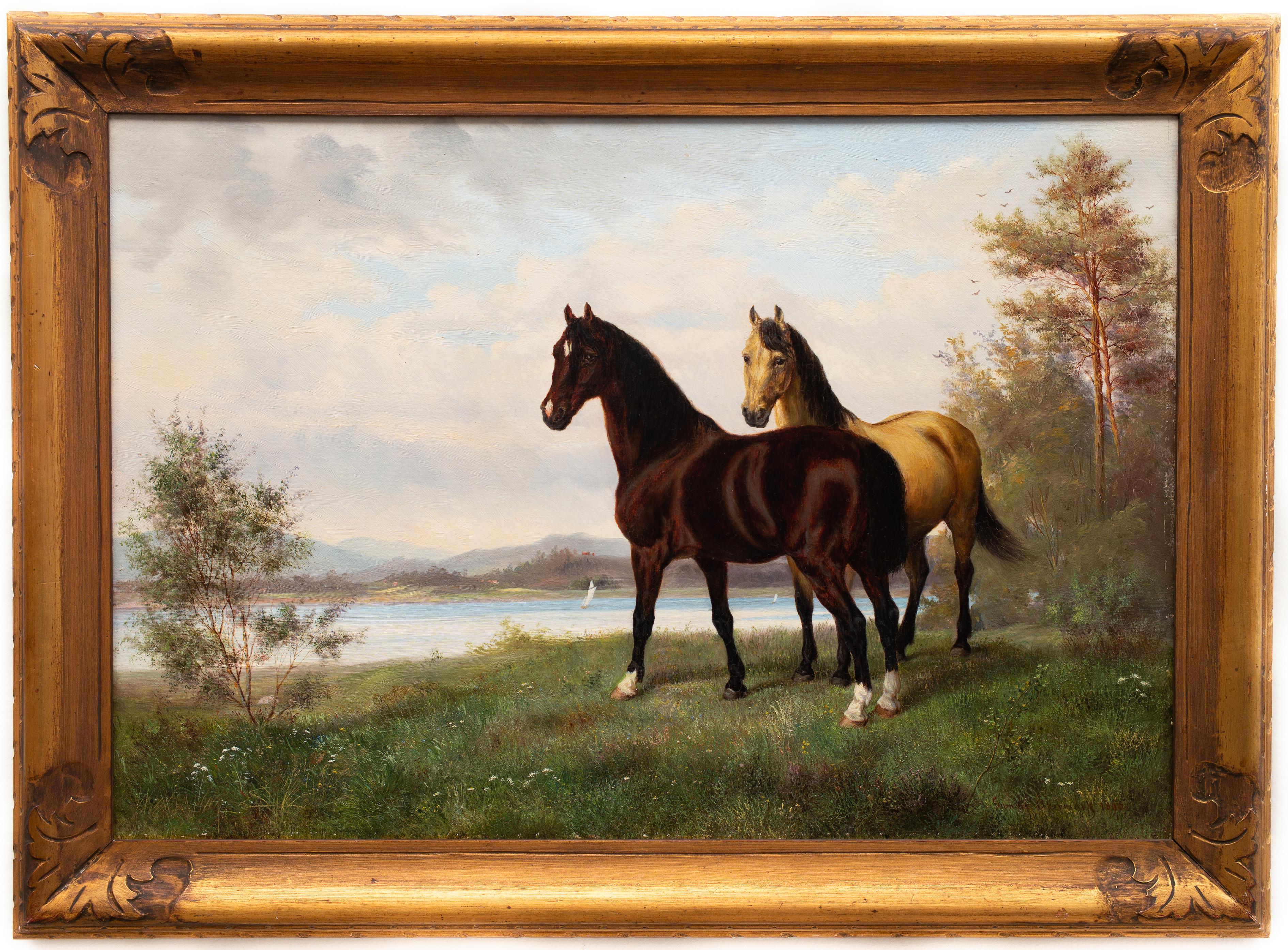 Gumme Åkermark Landscape Painting - Two Horses in a Landscape With Sailboats in Distance, Swedish, Oil on Canvas 