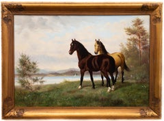 Two Horses in a Landscape With Sailboats in Distance, Swedish, Oil on Canvas 