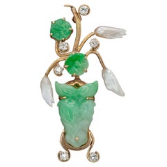 Gumps 14K Gold Jade Pearl Diamond Brooch Mid Century Carved Jade Floral Pin