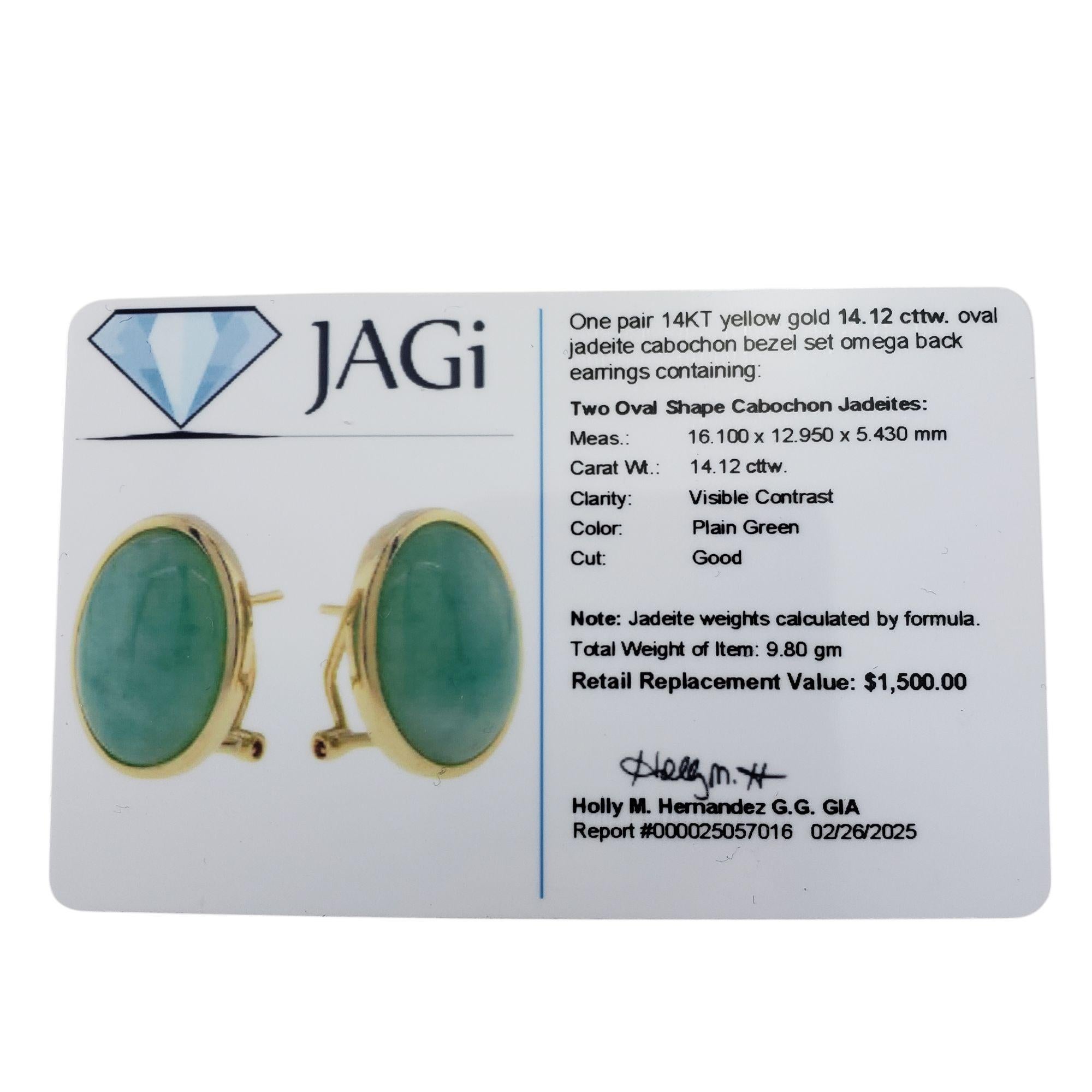 Gump's 14K Yellow Gold Bezel Set Jadeite Omega Back Earrings  #21208 2