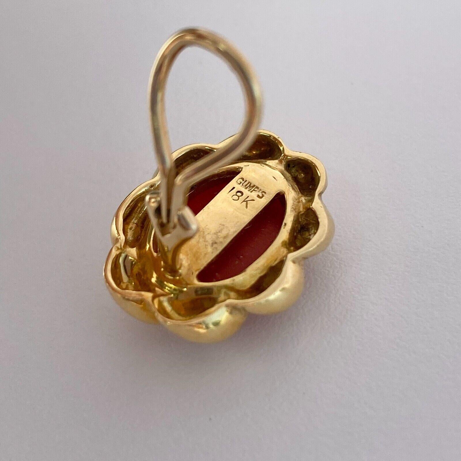 Women's or Men's Gump's 18k Yellow Gold Carnelian Earrings