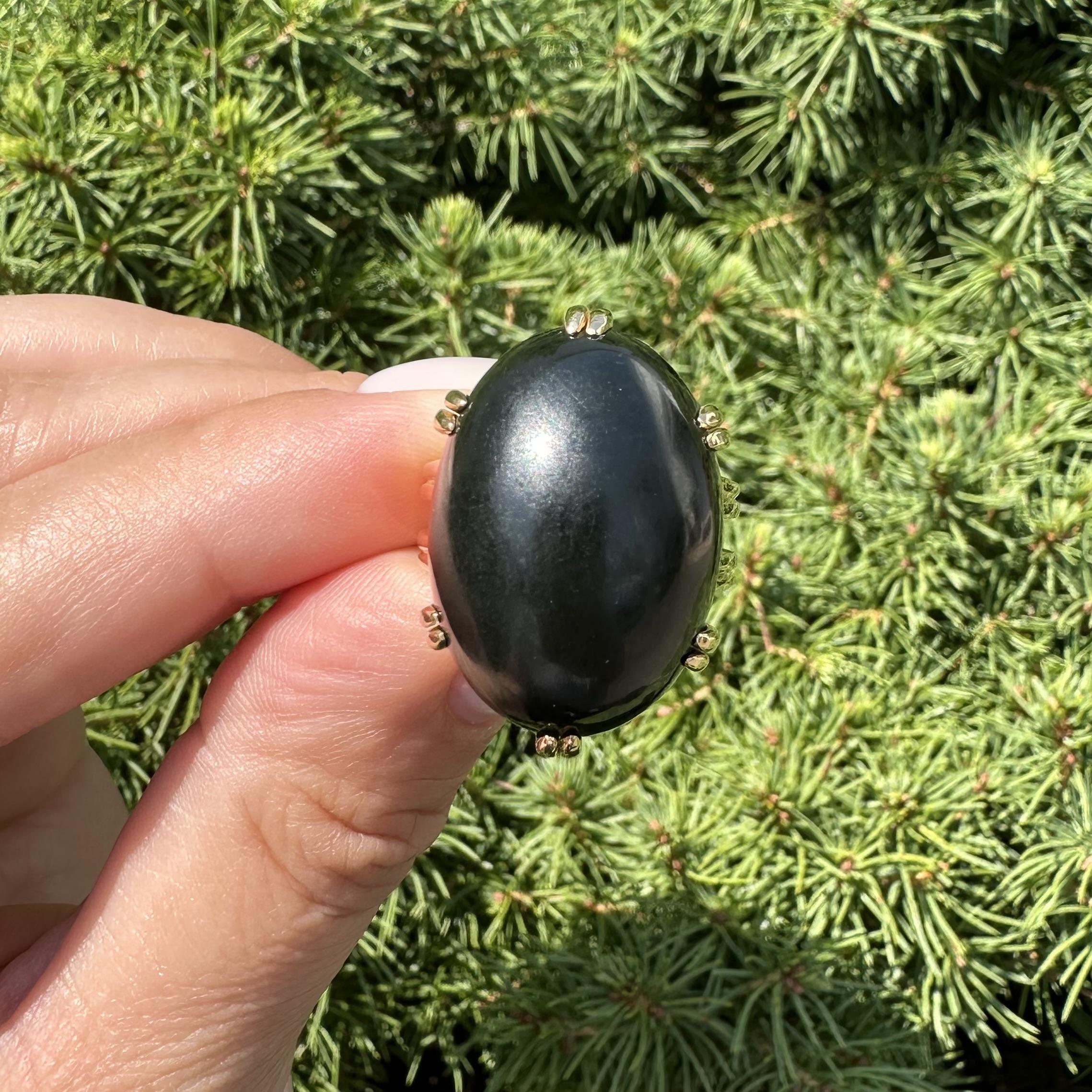 For Sale:  Gump's 18k Yellow Gold GIA Large Dark Nephrite Jade Solitaire Heavy Ring 11