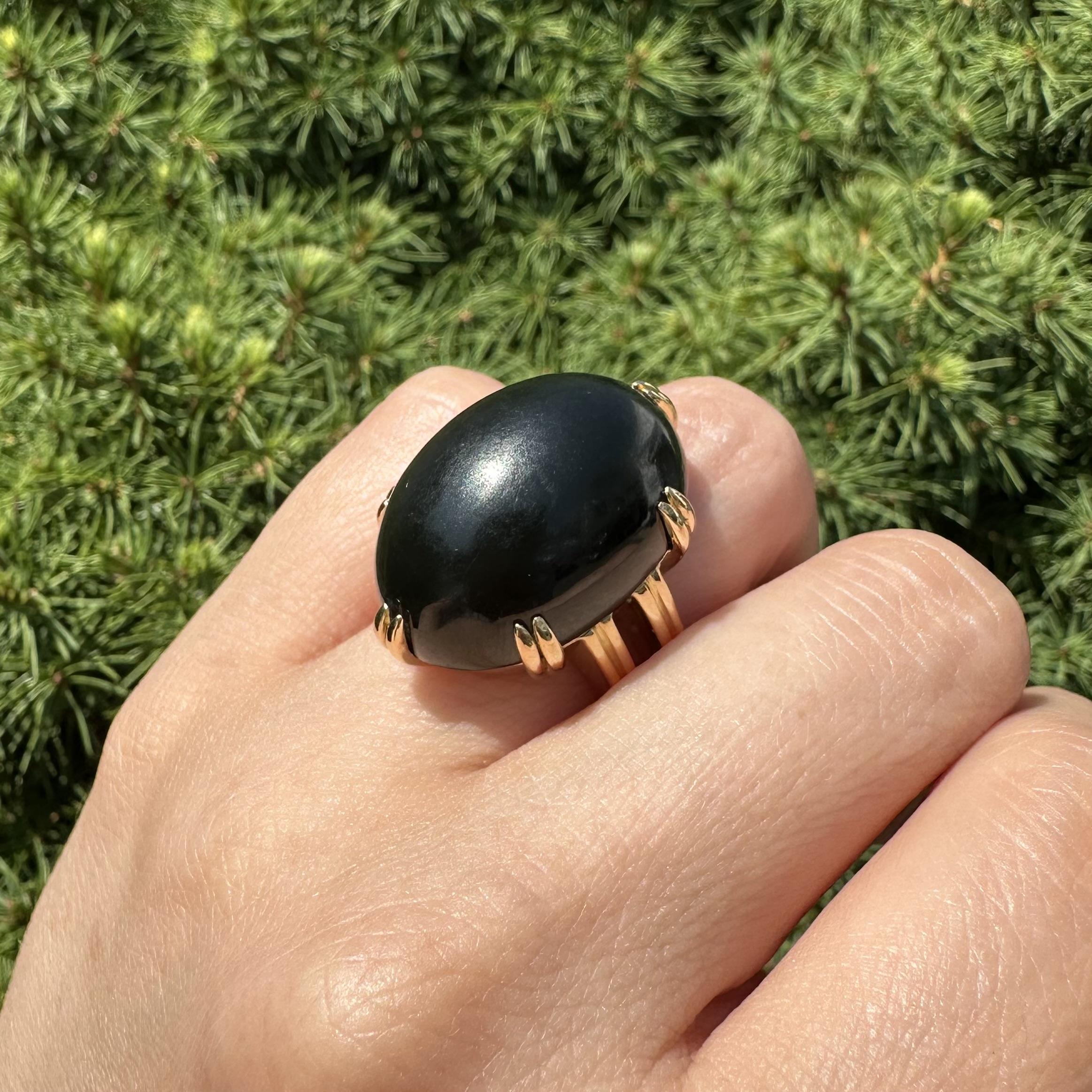 For Sale:  Gump's 18k Yellow Gold GIA Large Dark Nephrite Jade Solitaire Heavy Ring 4