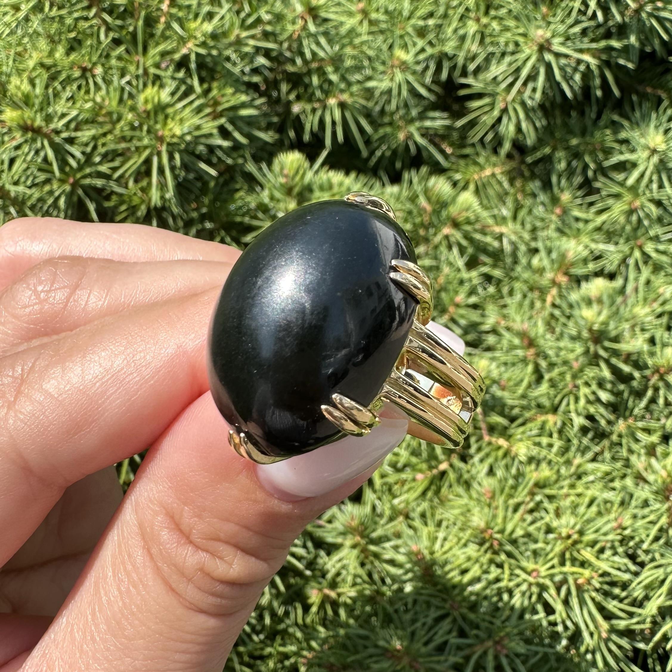 For Sale:  Gump's 18k Yellow Gold GIA Large Dark Nephrite Jade Solitaire Heavy Ring 5