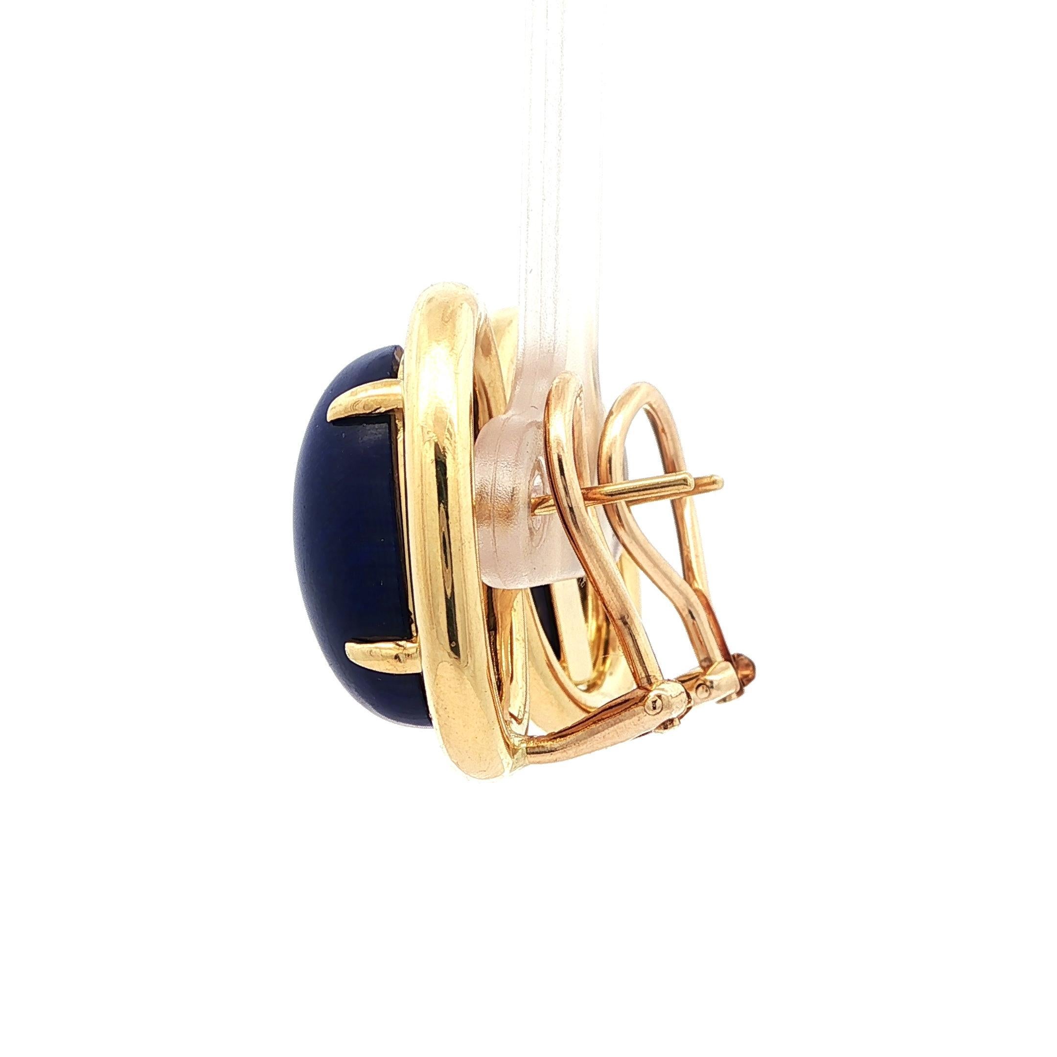 Cabochon Gump's 18k Yellow Gold High Quality Deep Blue Lapis Oval Button Omega Earrings For Sale