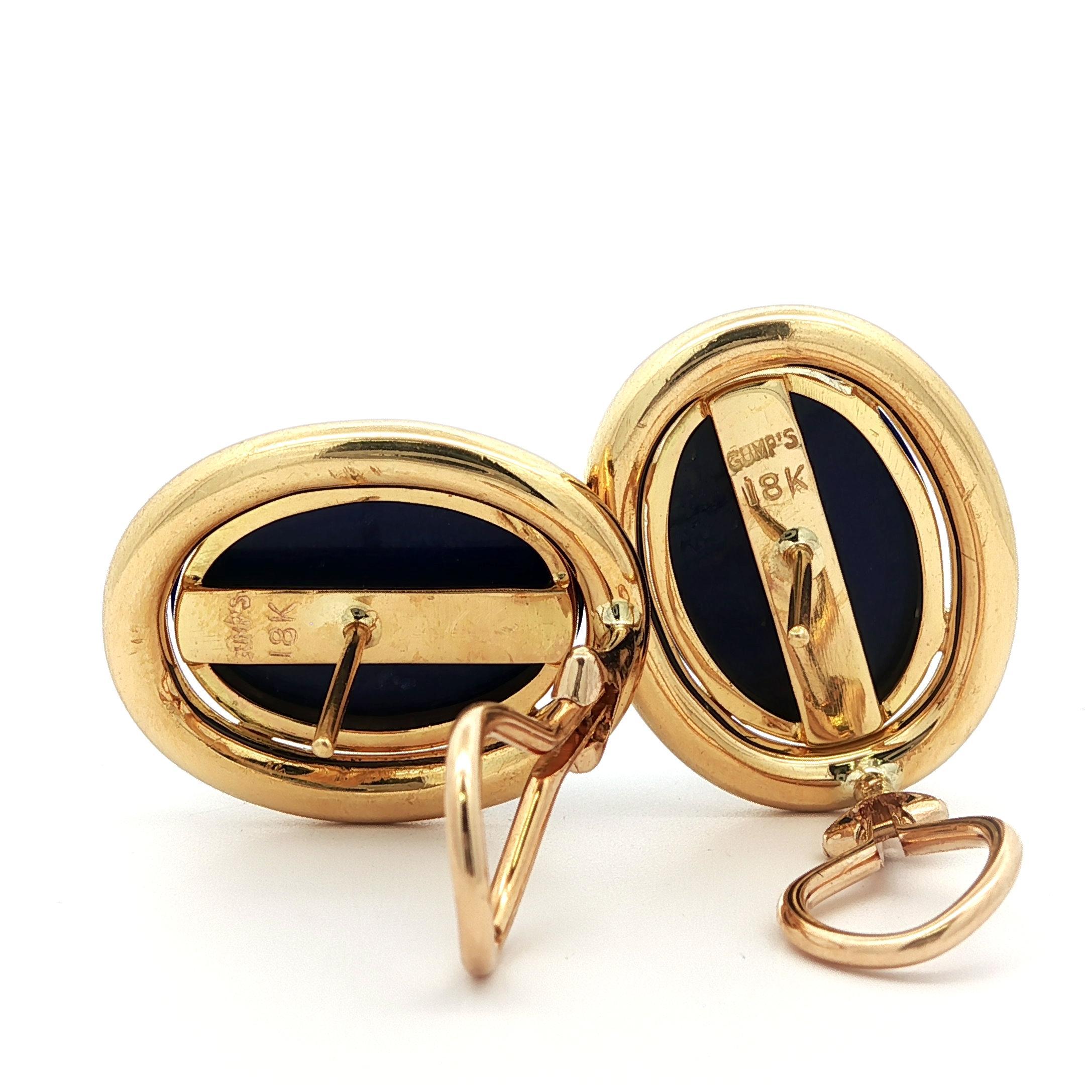 Gump's 18k Yellow Gold High Quality Deep Blue Lapis Oval Button Omega Earrings In Excellent Condition For Sale In Montclair, NJ