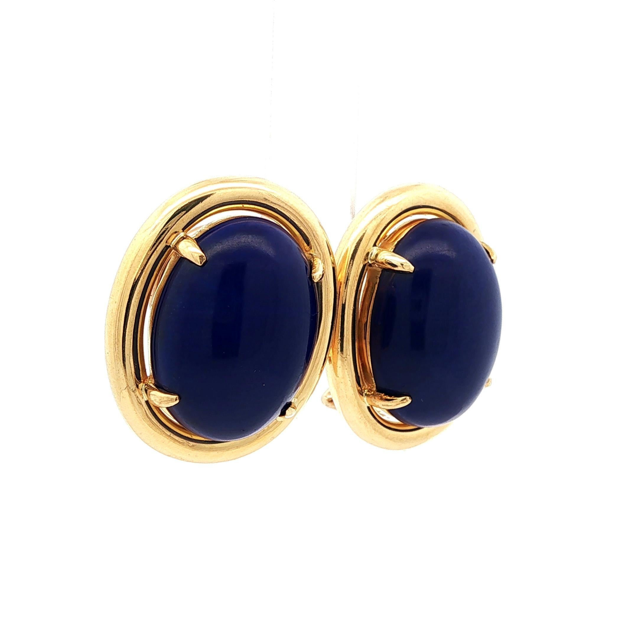 Gump's 18k Yellow Gold High Quality Deep Blue Lapis Oval Button Omega Earrings For Sale 1