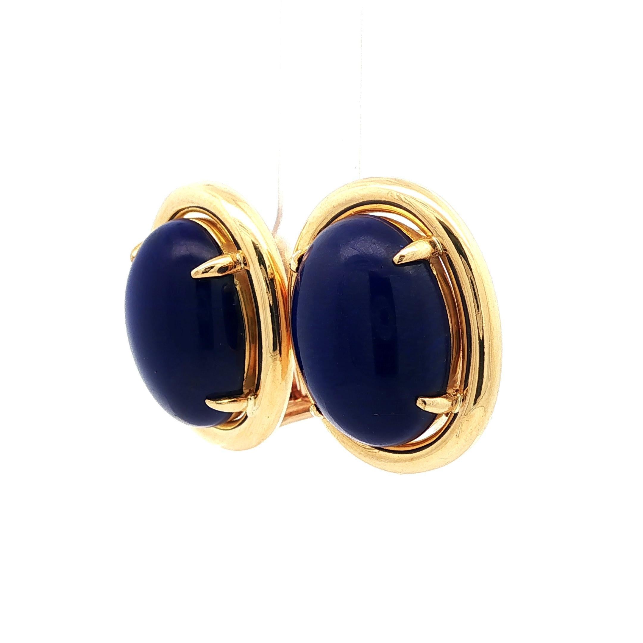 Gump's 18k Yellow Gold High Quality Deep Blue Lapis Oval Button Omega Earrings For Sale 2