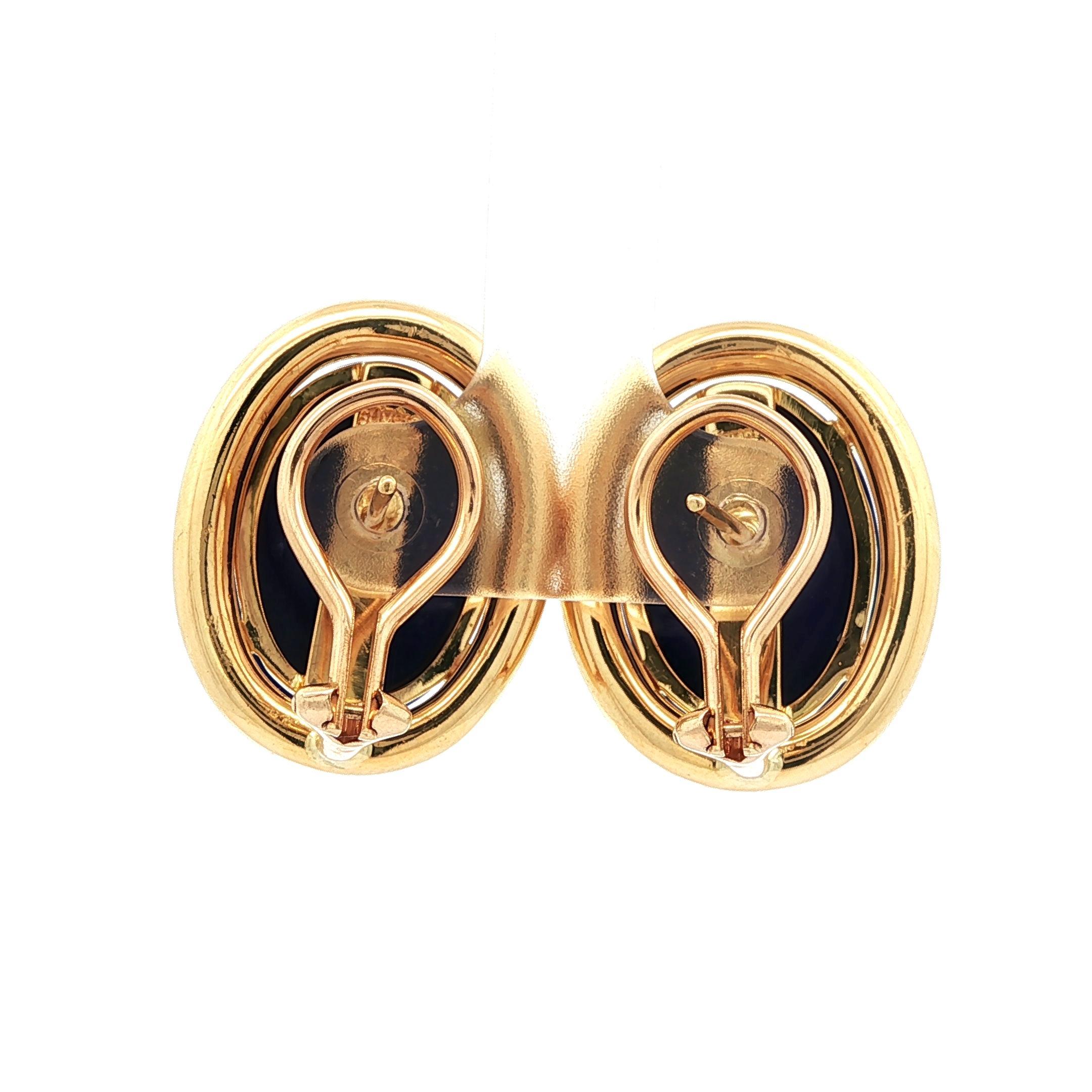 Gump's 18k Yellow Gold High Quality Deep Blue Lapis Oval Button Omega Earrings For Sale 3