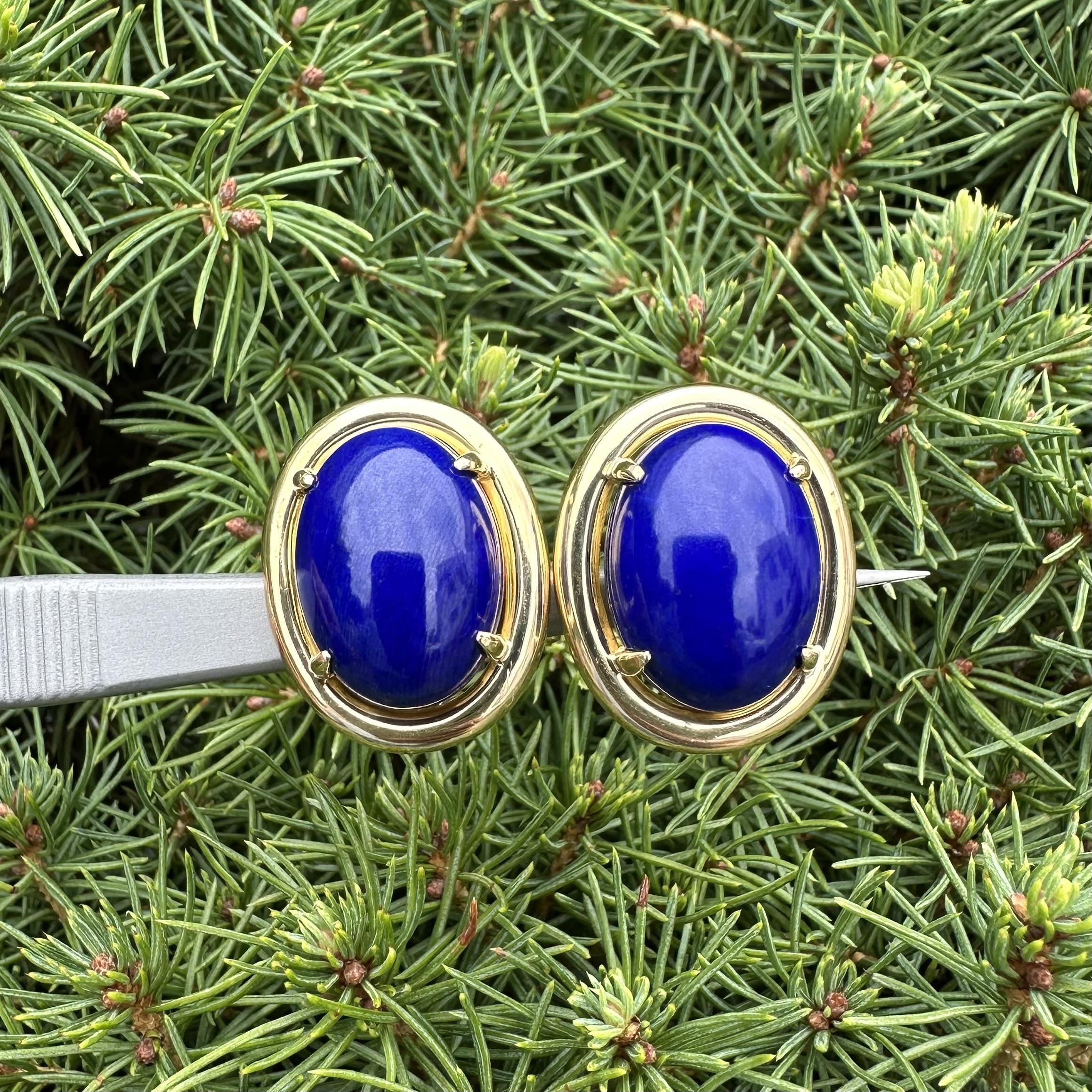 Gump's 18k Yellow Gold High Quality Deep Blue Lapis Oval Button Omega Earrings For Sale 4