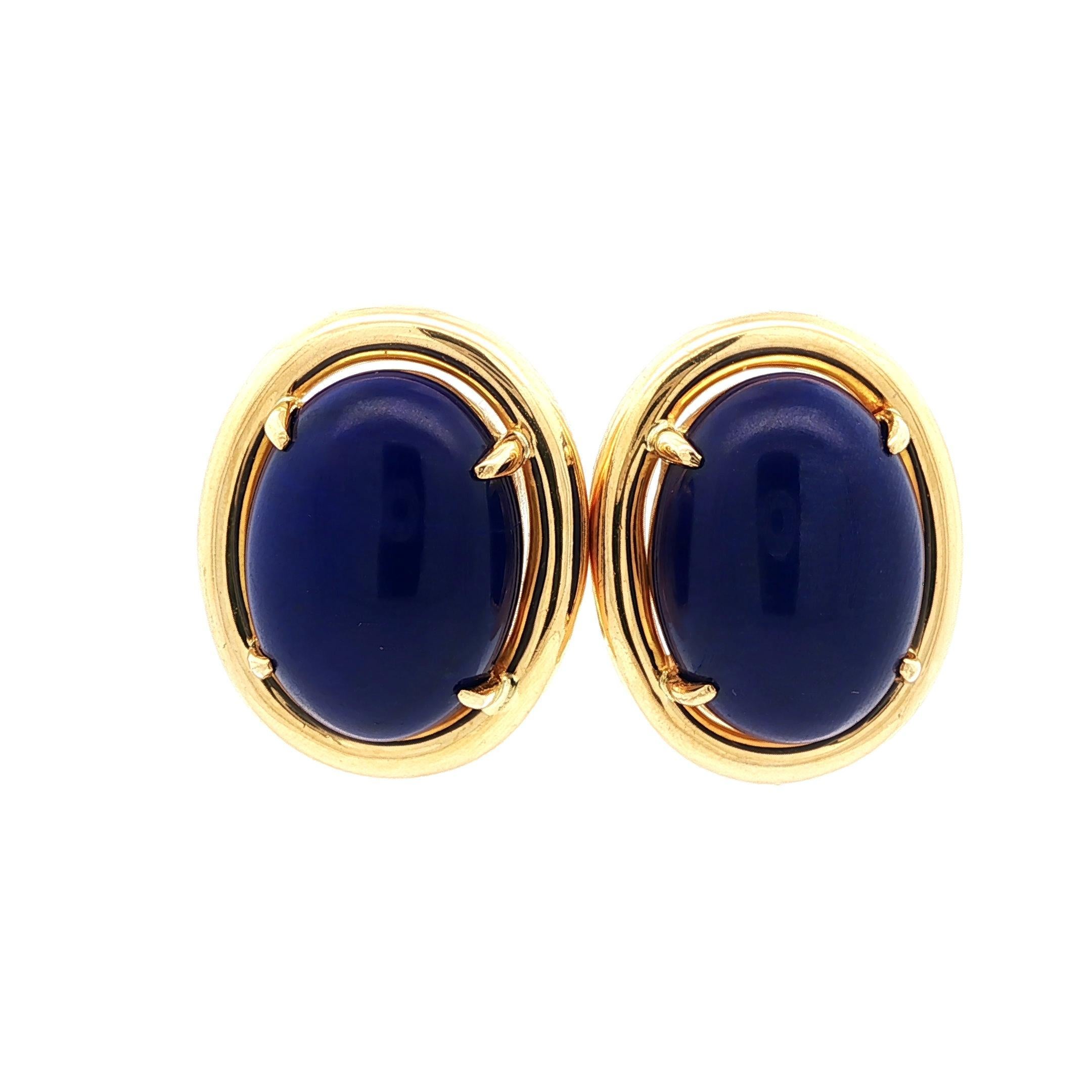 Gump's 18k Yellow Gold High Quality Deep Blue Lapis Oval Button Omega Earrings For Sale