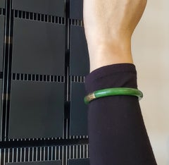 Gumps 1950 Vintage Nephrite Green Jade Bangle Bracelet Mounted 14Kt Yellow Gold