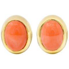 Gump's 1960s Vintage Coral Cabochon 18 Karat Gold Earrings