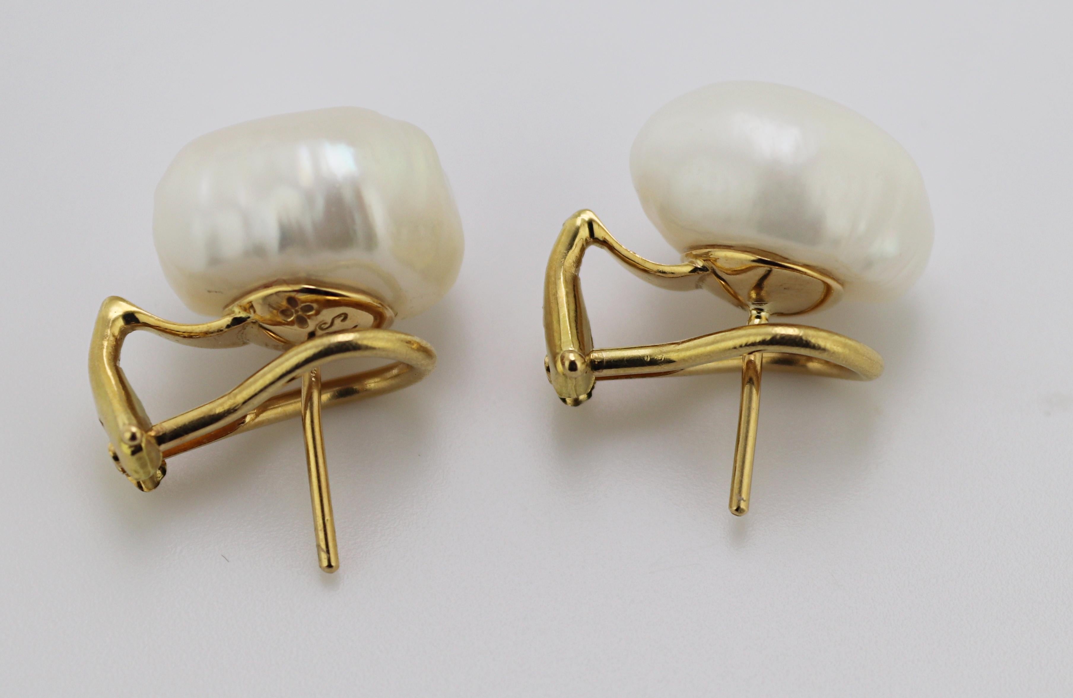Artisan Gump’s Baroque Cultured Pearl, Yellow Gold Earrings For Sale