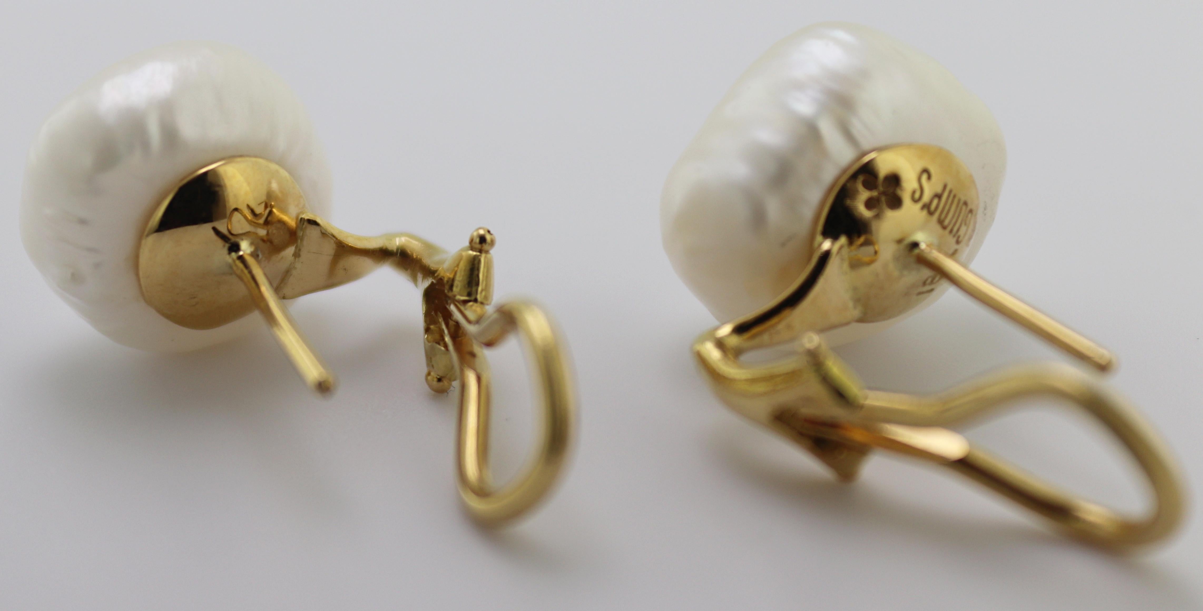 Gump’s Baroque Cultured Pearl, Yellow Gold Earrings In Excellent Condition For Sale In Pleasant Hill, CA