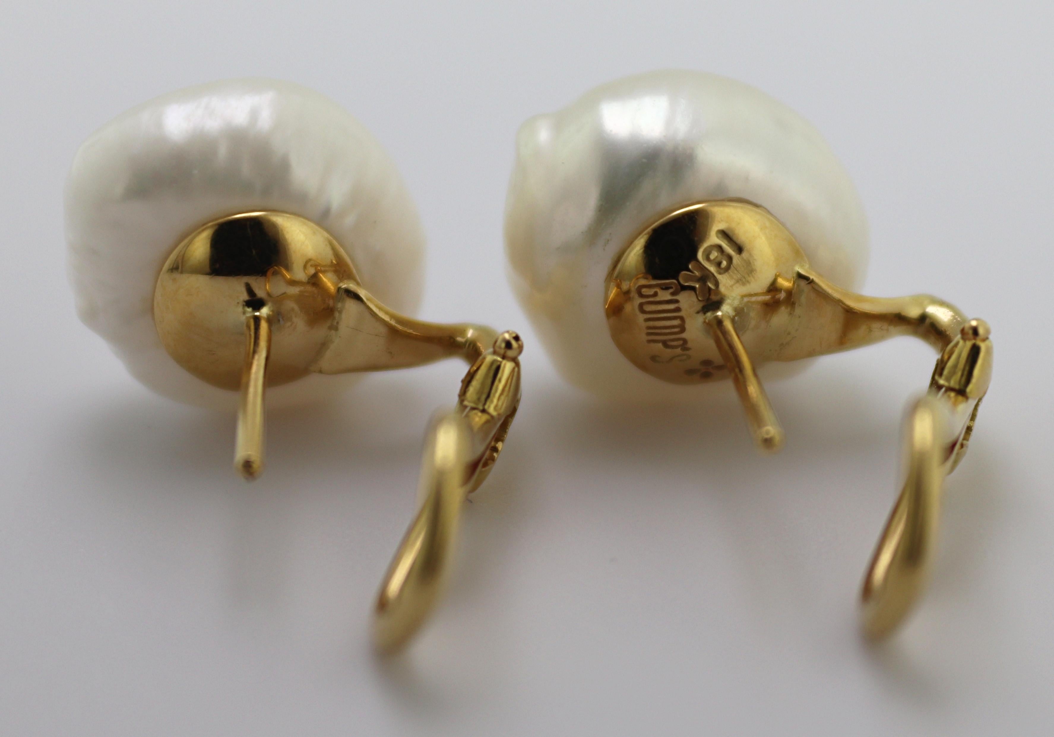 Women's Gump’s Baroque Cultured Pearl, Yellow Gold Earrings For Sale