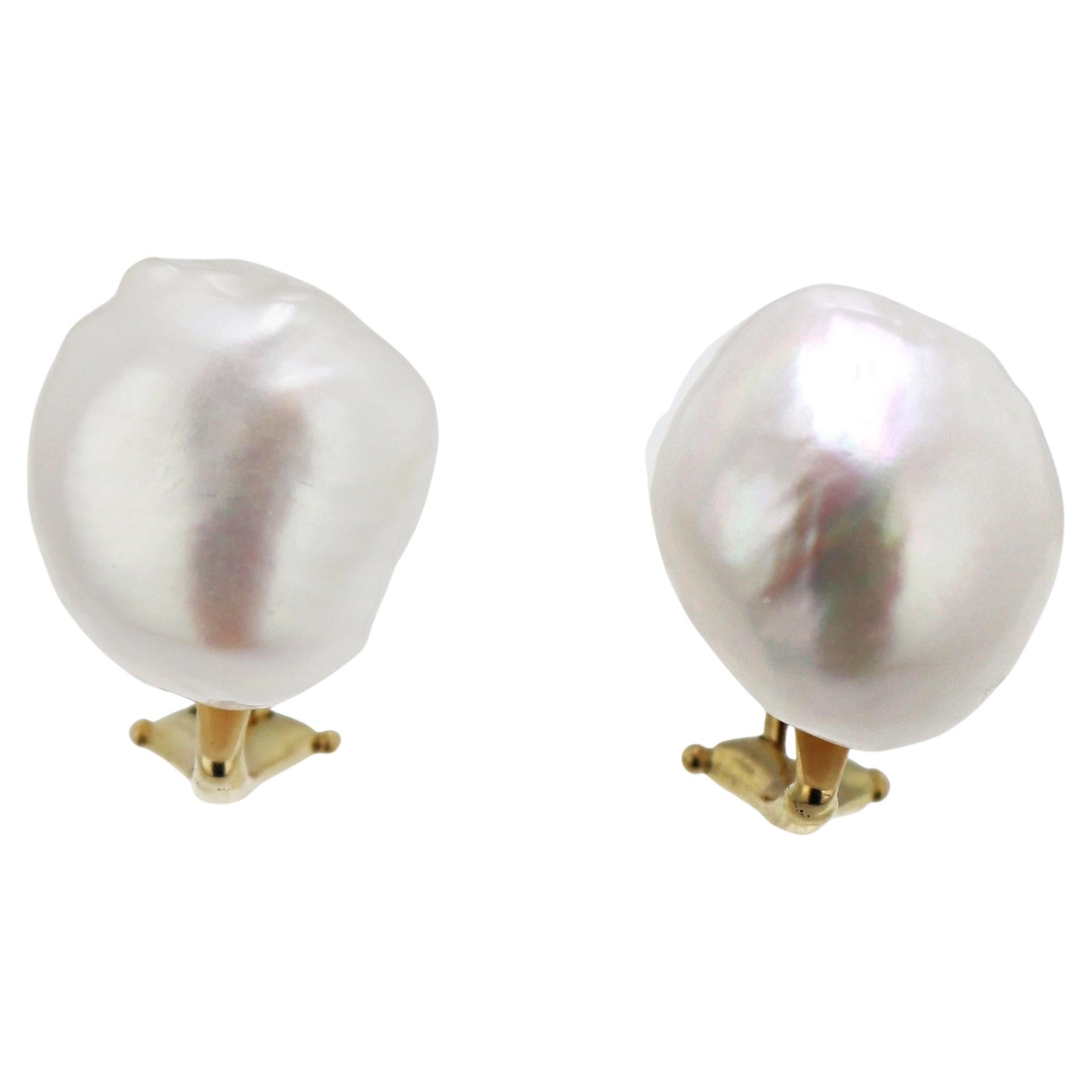 Gump’s Baroque Cultured Pearl, Yellow Gold Earrings For Sale
