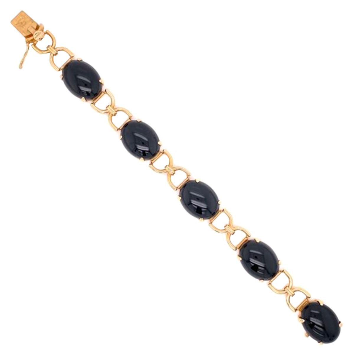 Vintage Gump's Black Jade Gold Link Bracelet Fine Estate Jewelry For Sale