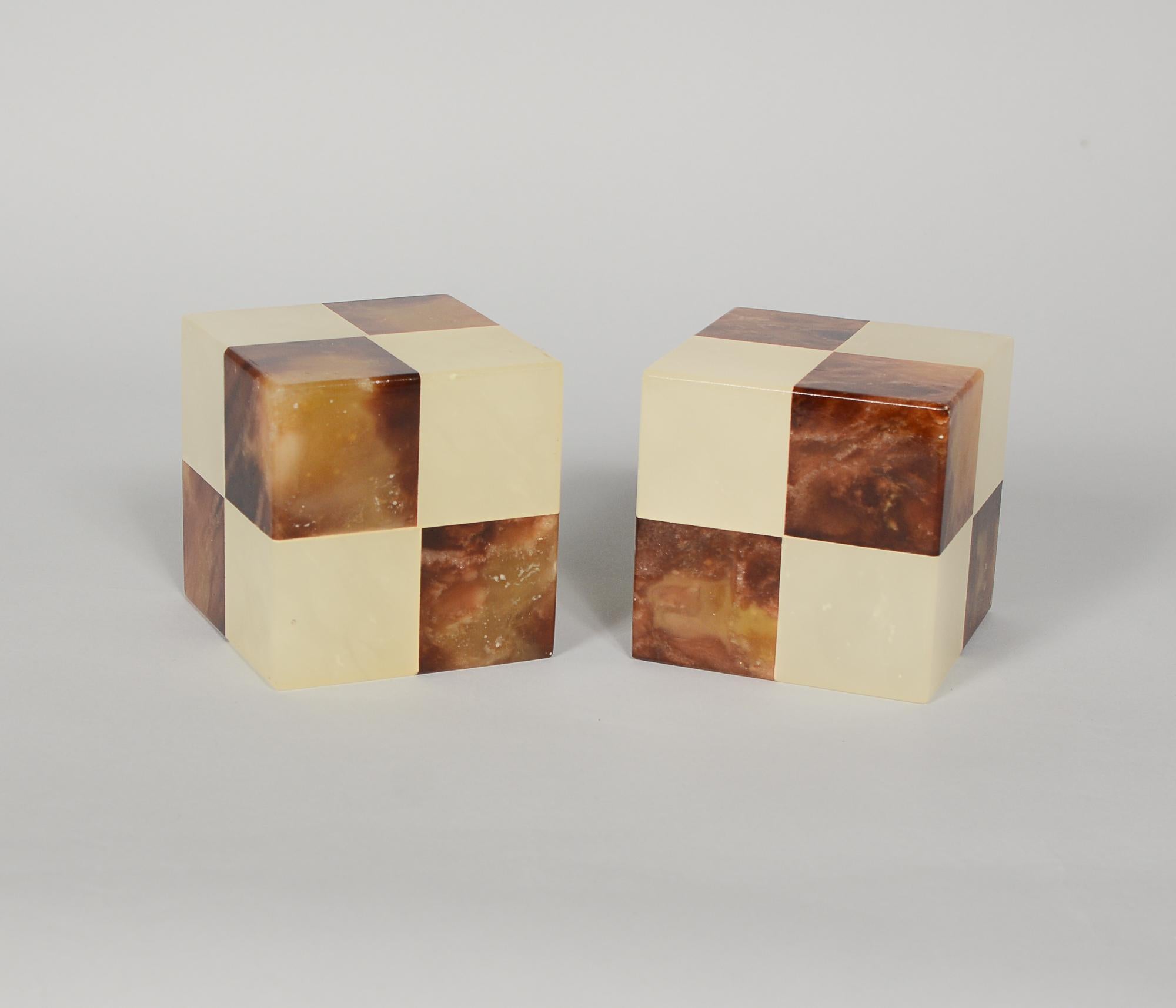 Mid-Century Modern Gump's Checkerboard Alabaster Bookends Made in Italy