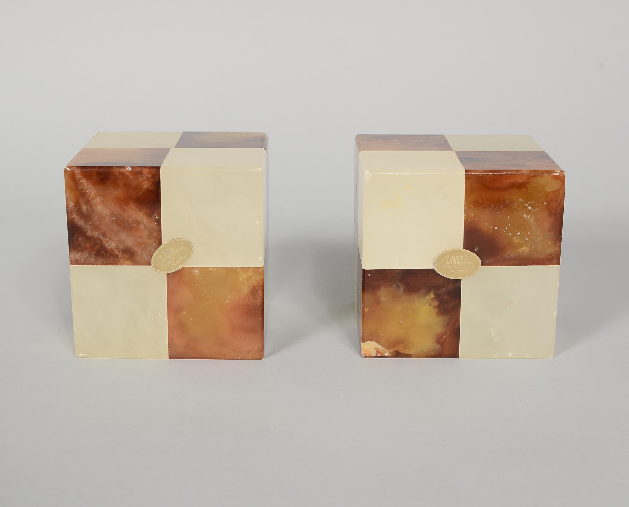 Gump's Checkerboard Alabaster Bookends Made in Italy In Good Condition In San Mateo, CA