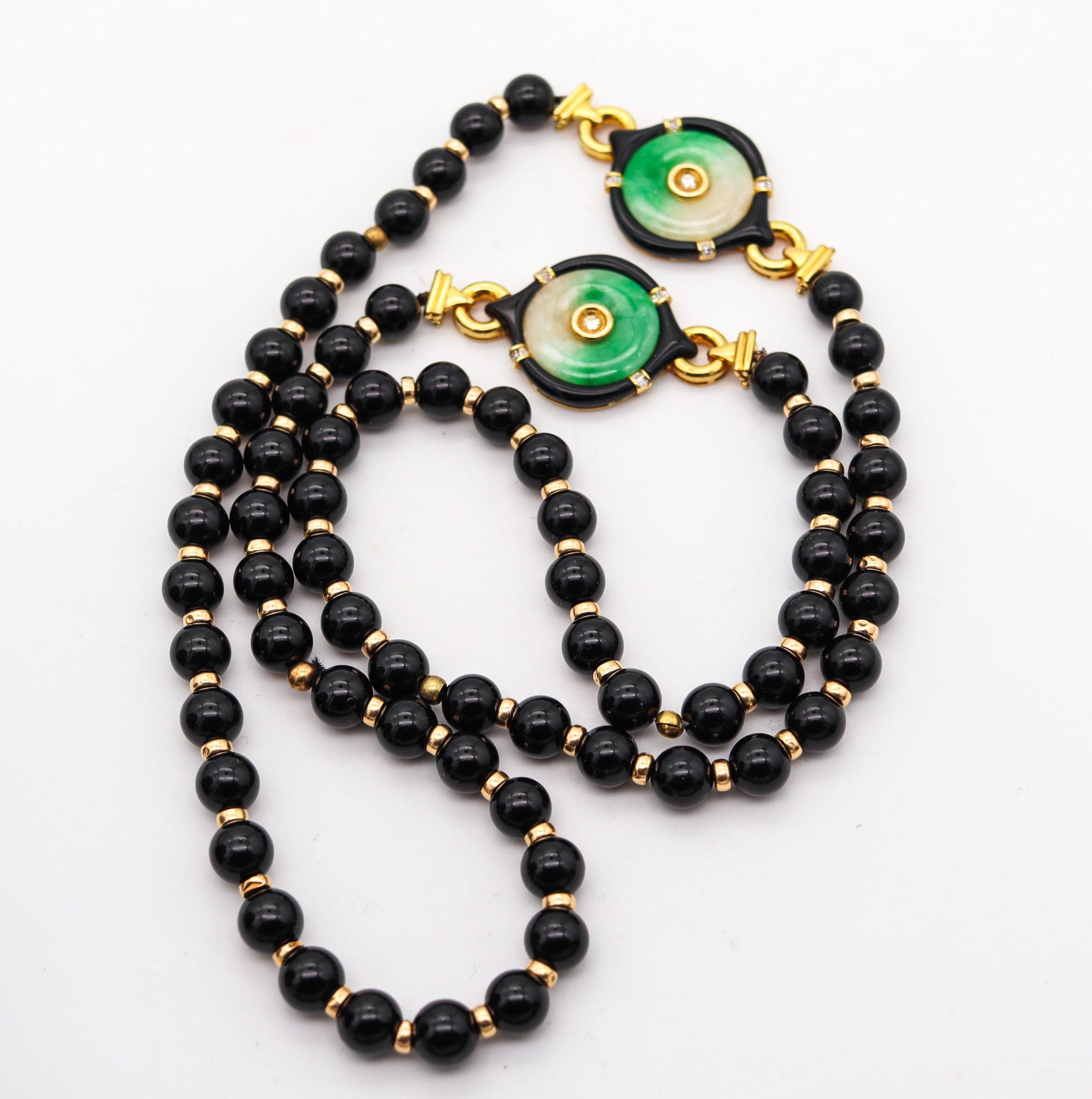 Art Deco Gumps Chinoiserie Onyx Long Necklace Sautoir In 18Kt Gold With Jade And Diamonds For Sale