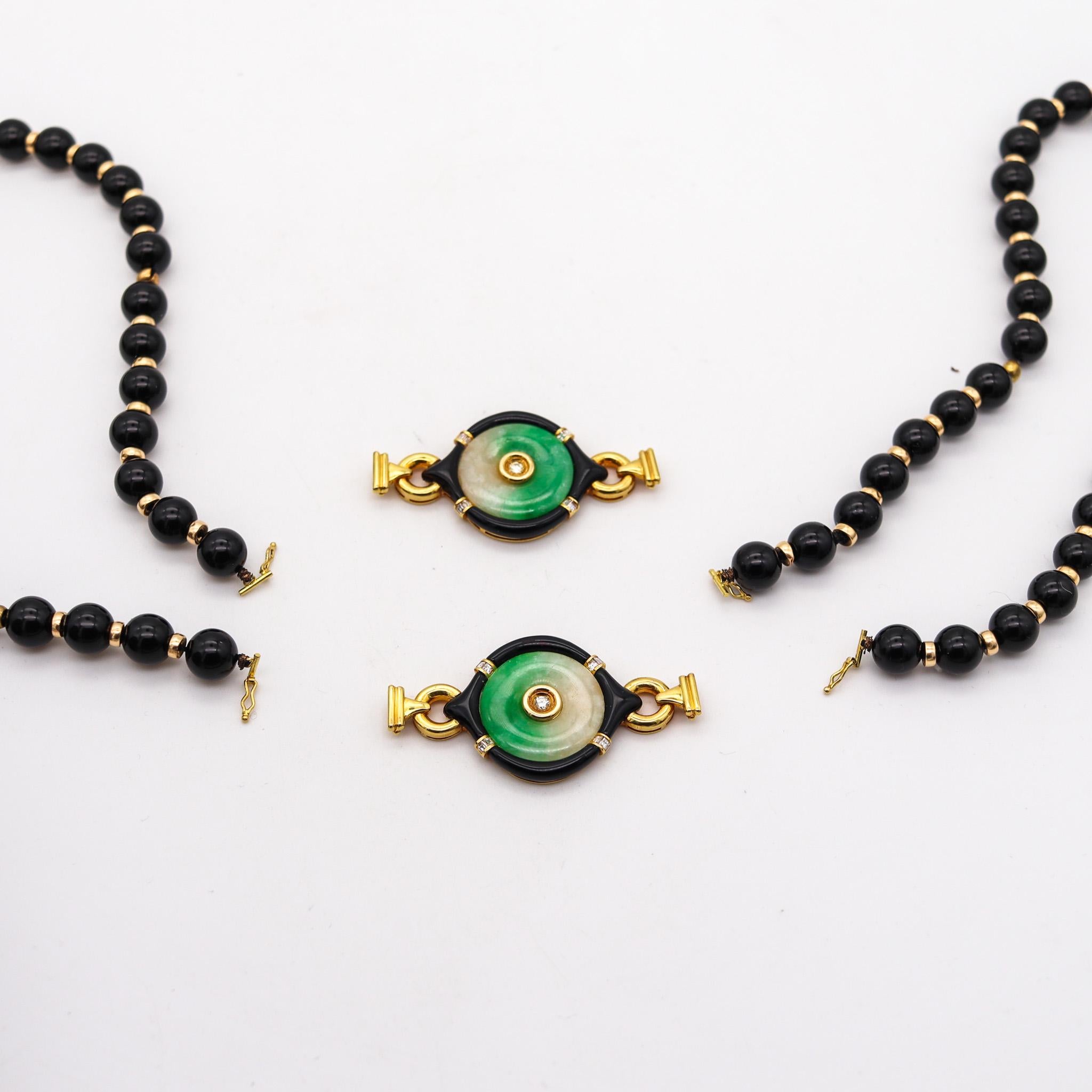Gumps Chinoiserie Onyx Long Necklace Sautoir In 18Kt Gold With Jade And Diamonds In Excellent Condition For Sale In Miami, FL