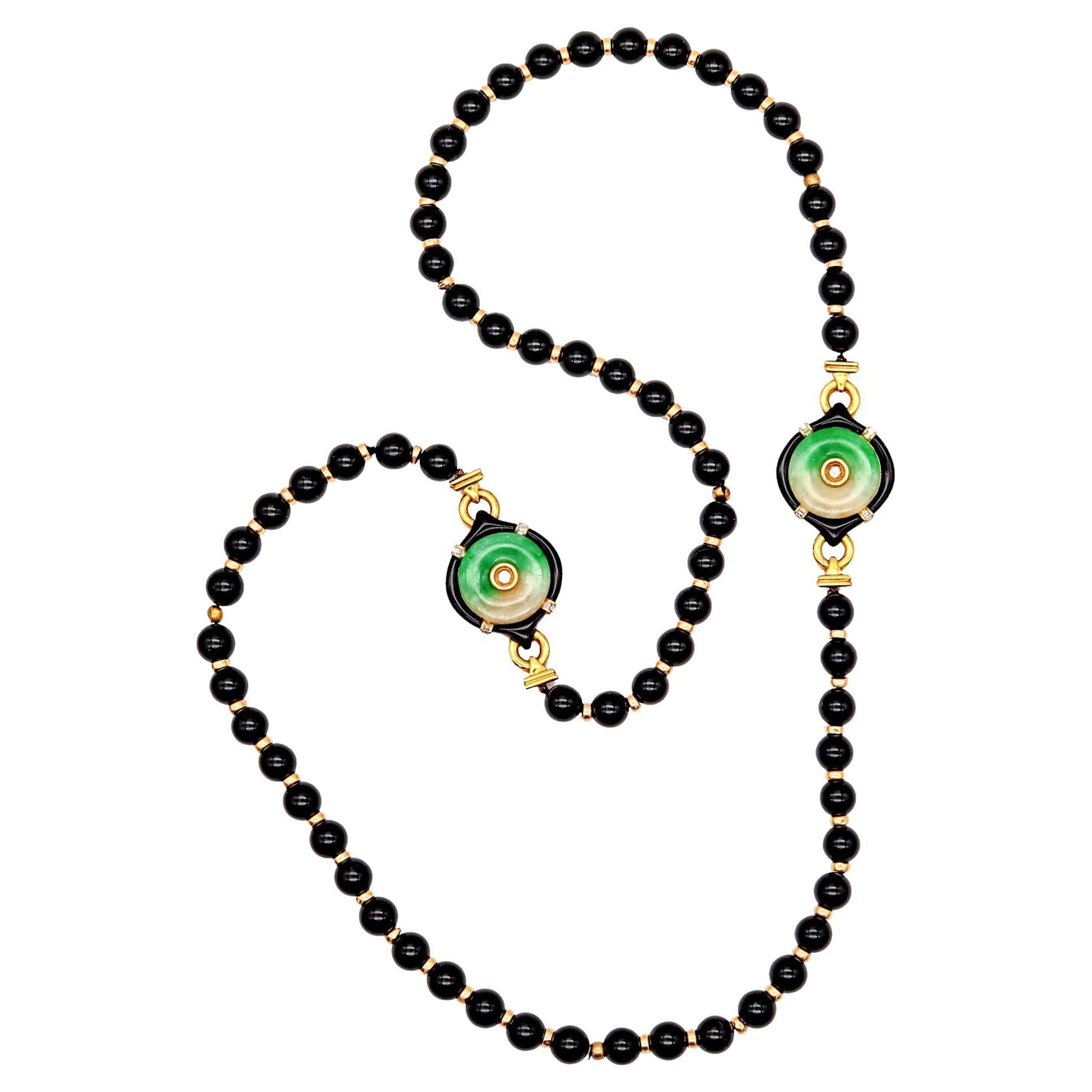 Gumps Chinoiserie Onyx Lange Halskette Sautoir aus 18 Karat Gold mit Jade und Diamanten