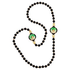 Vintage Gumps Chinoiserie Onyx Long Necklace Sautoir In 18Kt Gold With Jade And Diamonds