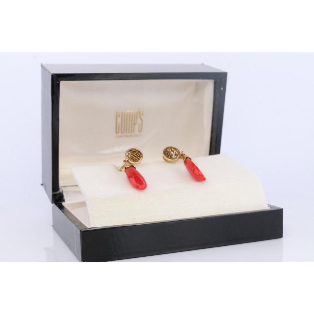 GUMP'S Coral Earrings. 14k Carved Coral Dangle Natural Coral. Chinese SHOU Coral In Good Condition For Sale In Port Charlotte, FL