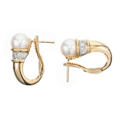Gumps Cultured Pearl Diamond Gold Cornucopia Design Clip Post Earrings