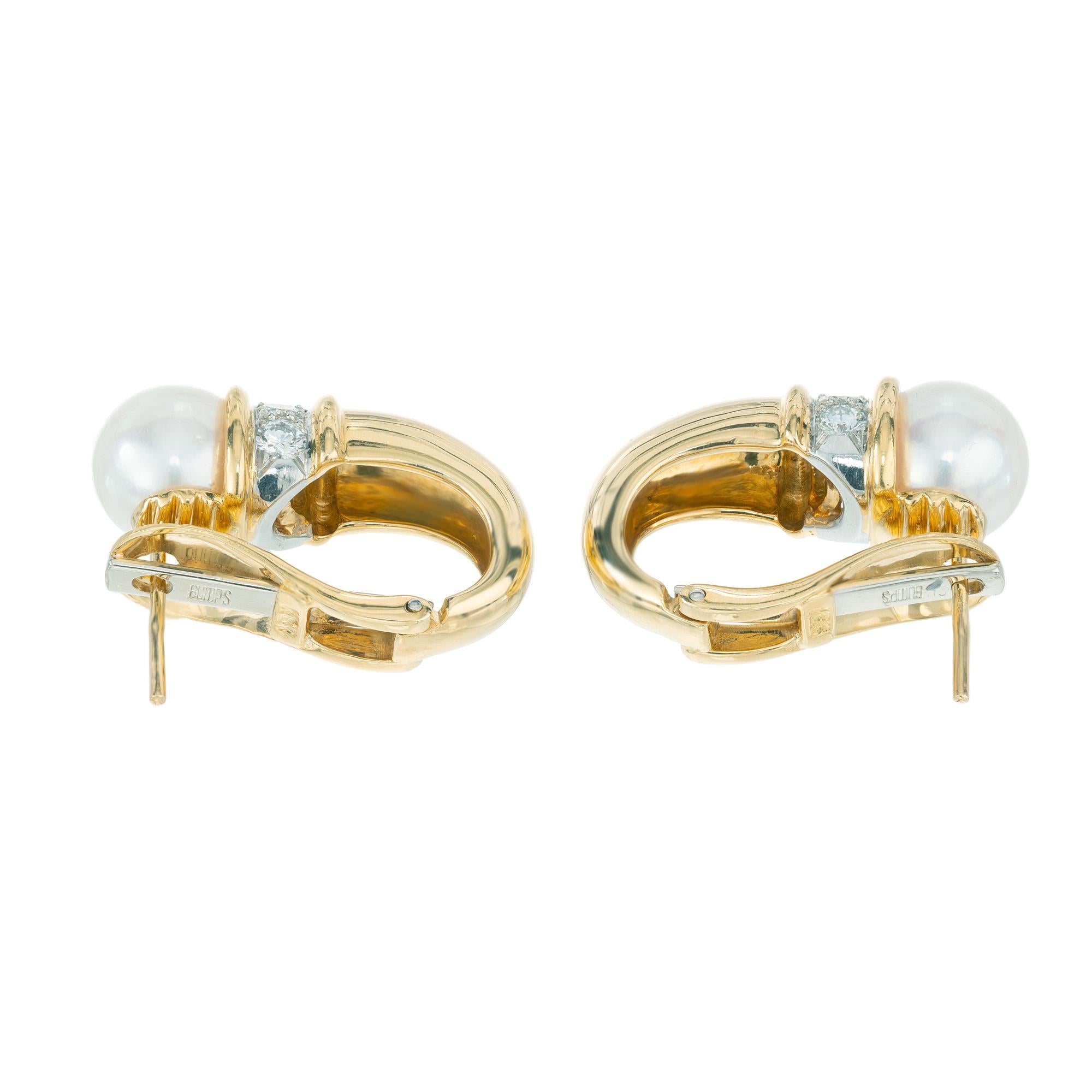 Donna Orecchini a clip Gumps Cultured Pearl Diamond Gold Cornucopia Design in vendita