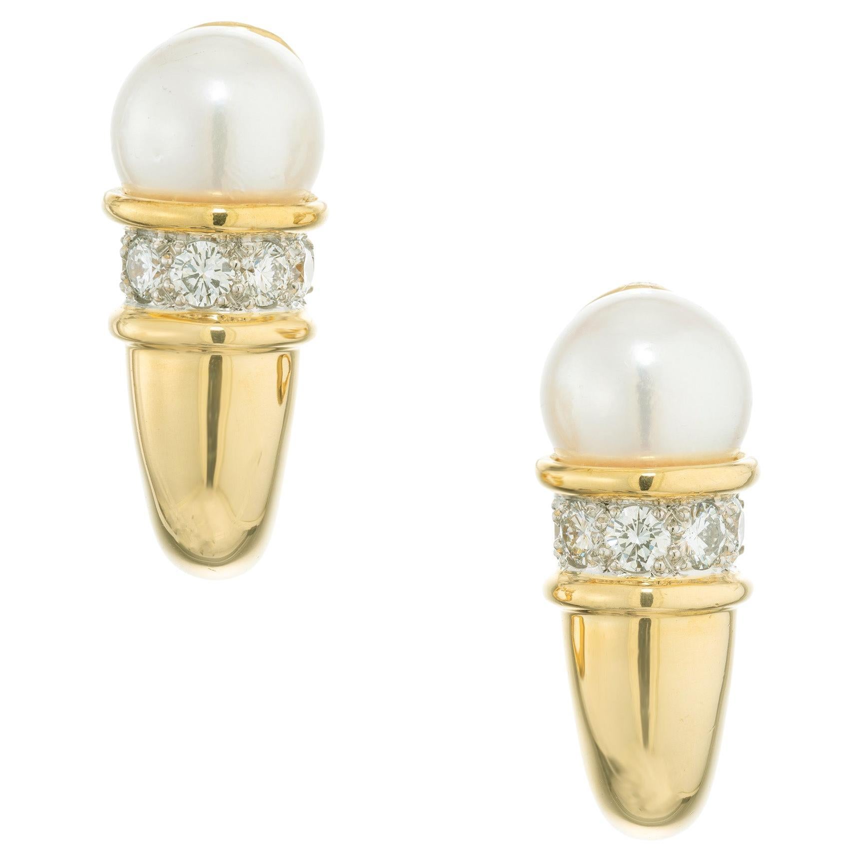 Gumps Cultured Pearl Diamond Gold Cornucopia Design Clip Post Earrings