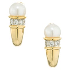 Gumps Cultured Pearl Diamond Gold Cornucopia Design Clip Post Earrings