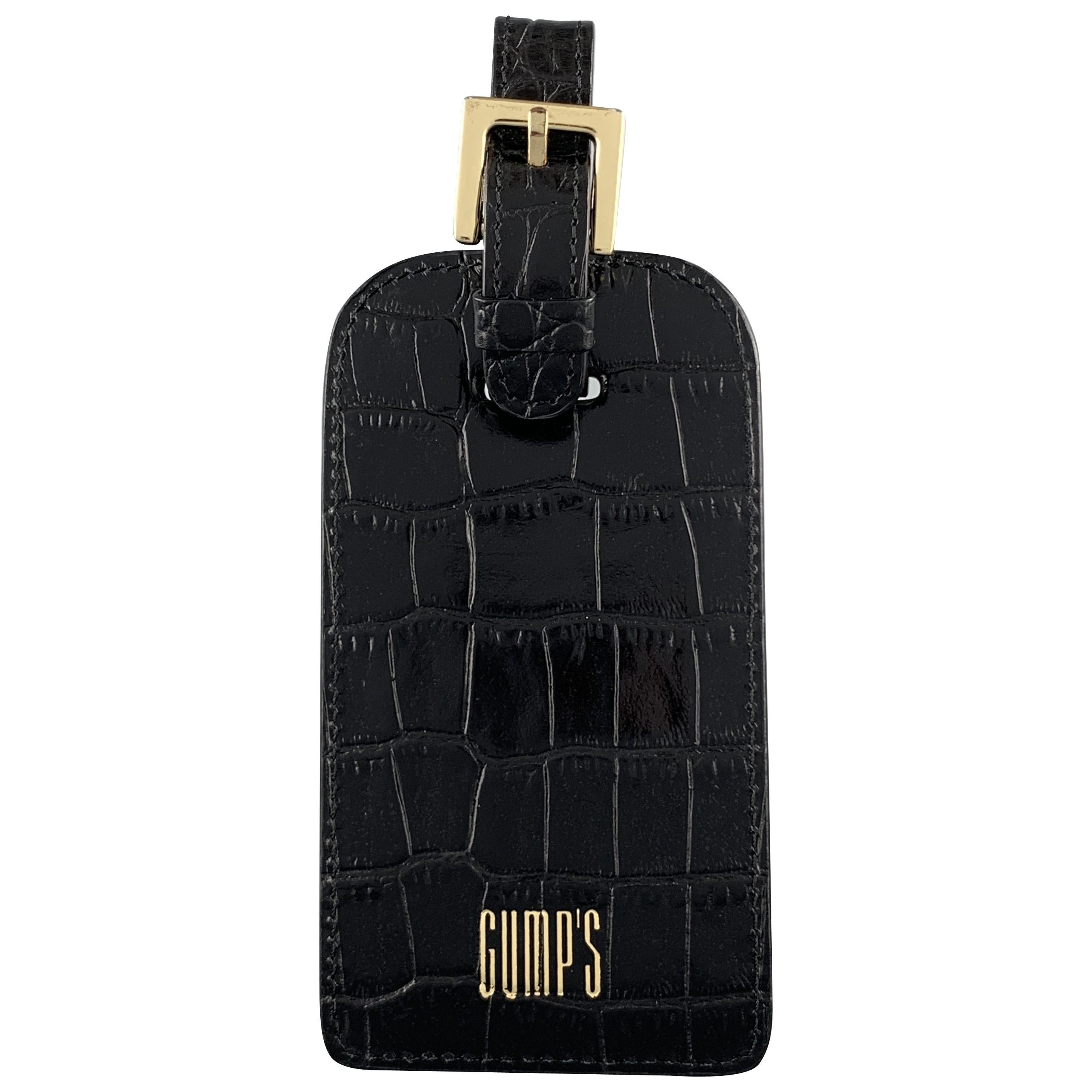 GUMP'S Embossed Black Leather Alligator Gold Logo Luggage Tag