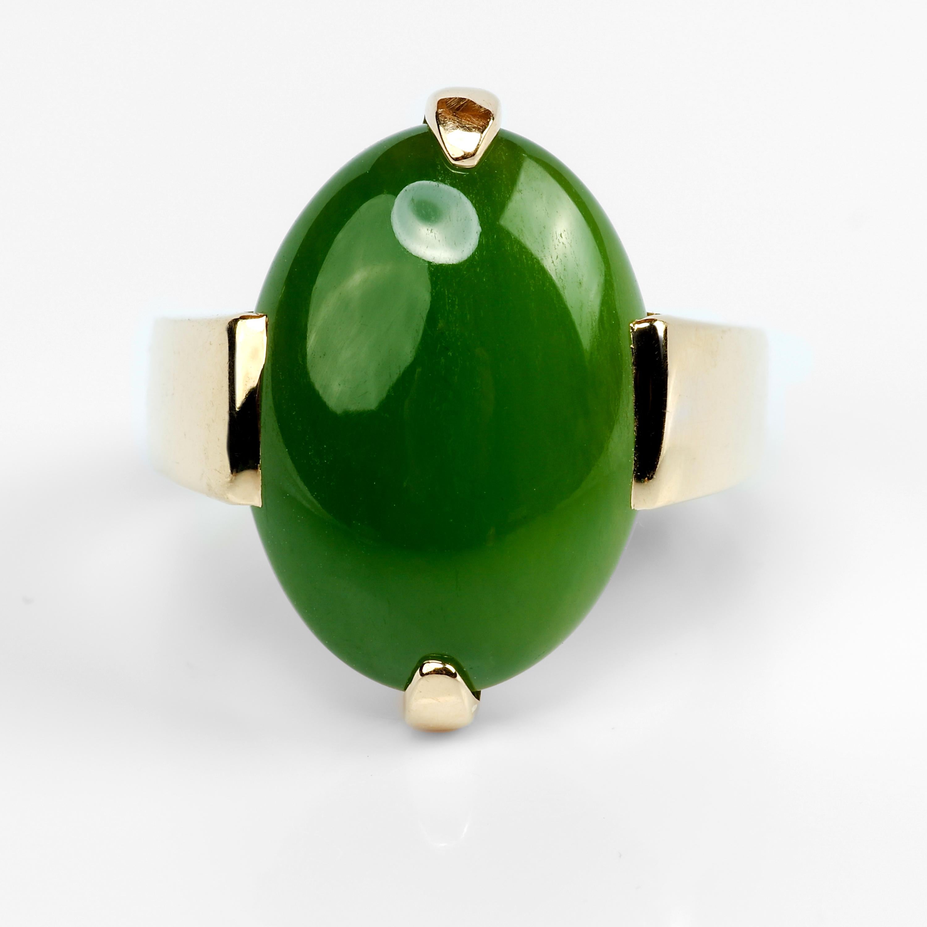This is the classic, iconic and nearly-impossible-to-find Gump's jade ring and it features a luminous forest-green cabochon of natural nephrite jade. Crafted in 14k yellow gold and fully hallmarked, this is exactly the ring I picture when I think of