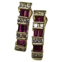 Gumps of San Francisco Ruby and Diamond Channel Set Earrings in 18k Yellow Gold