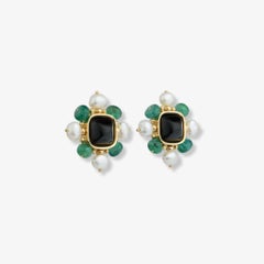 Gump’s Onyx, Emerald, and Pearl Earrings in 18 Karat Yellow Gold