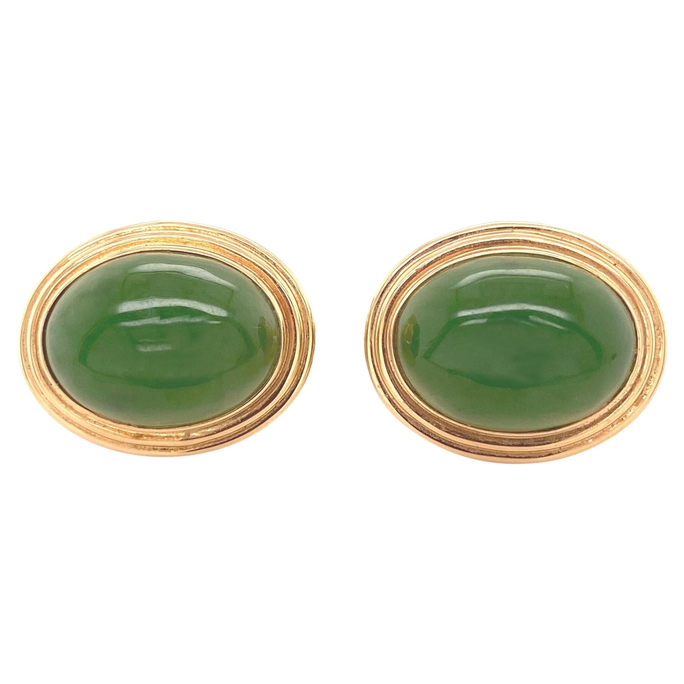 Gumps Pair of Vintage Jadeite Jade 14 Karat Gold Earrings For Sale