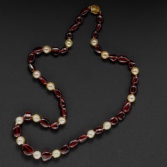 Gump's Pearl & Garnet Bead Necklace Midcentury