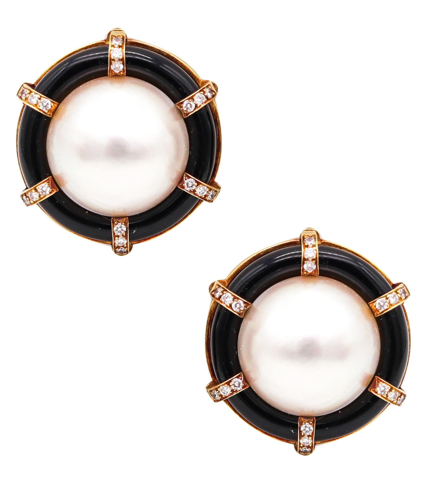 Gump's Pearls Cocktail  Clips Earrings In 18Kt Gold With Diamonds And Onyx For Sale