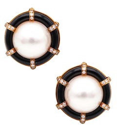 Used Gump's Pearls Cocktail  Clips Earrings In 18Kt Gold With Diamonds And Onyx