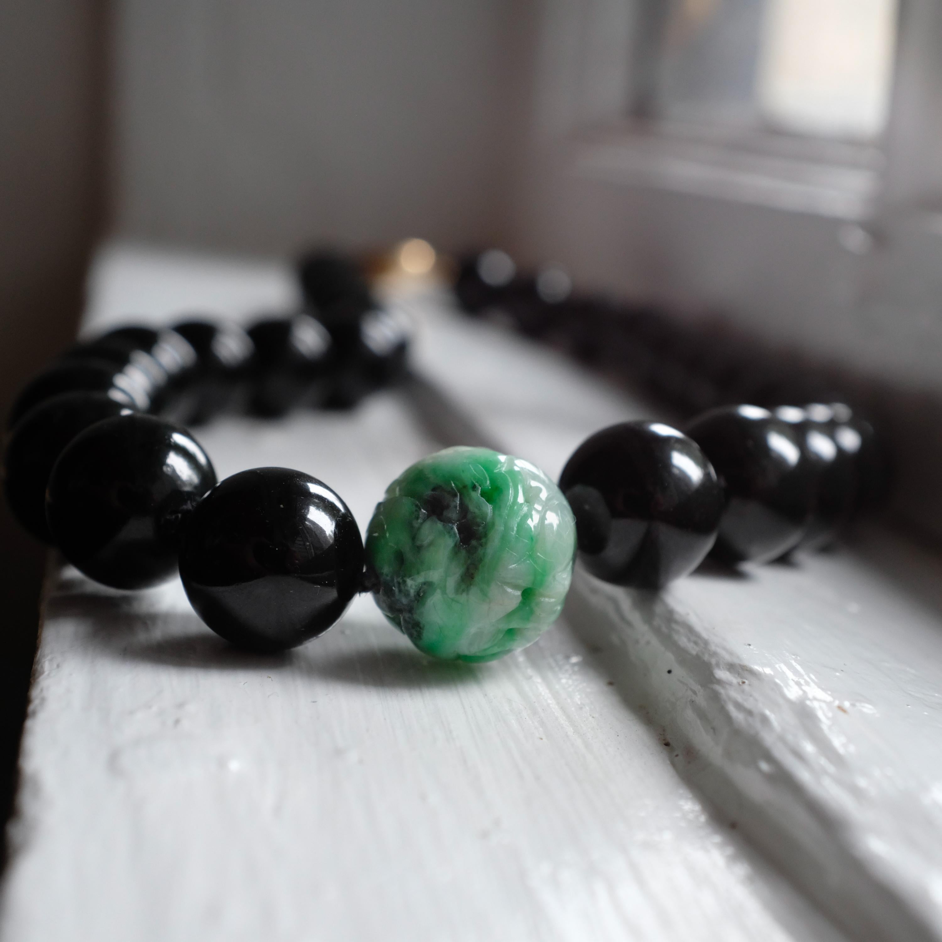 Gump's Rare Black Jade Necklace with Moss on Snow Focal Point Bead 11