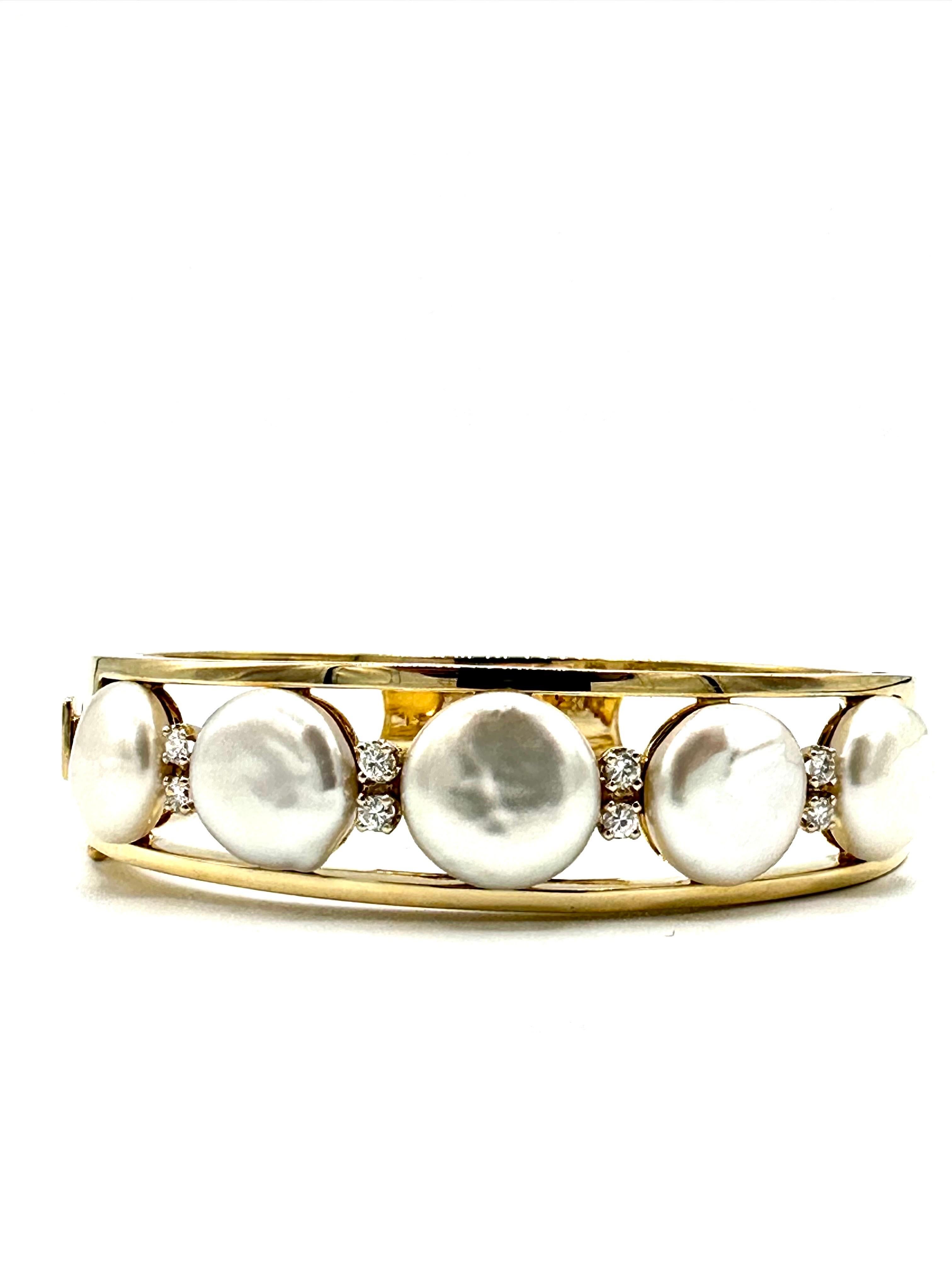 Round Cut Gumps Round Brilliant Diamond and Coin Pearl 18k Yellow Gold Bangle Bracelet