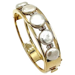 Gumps Round Brilliant Diamond and Coin Pearl 18k Yellow Gold Bangle Bracelet