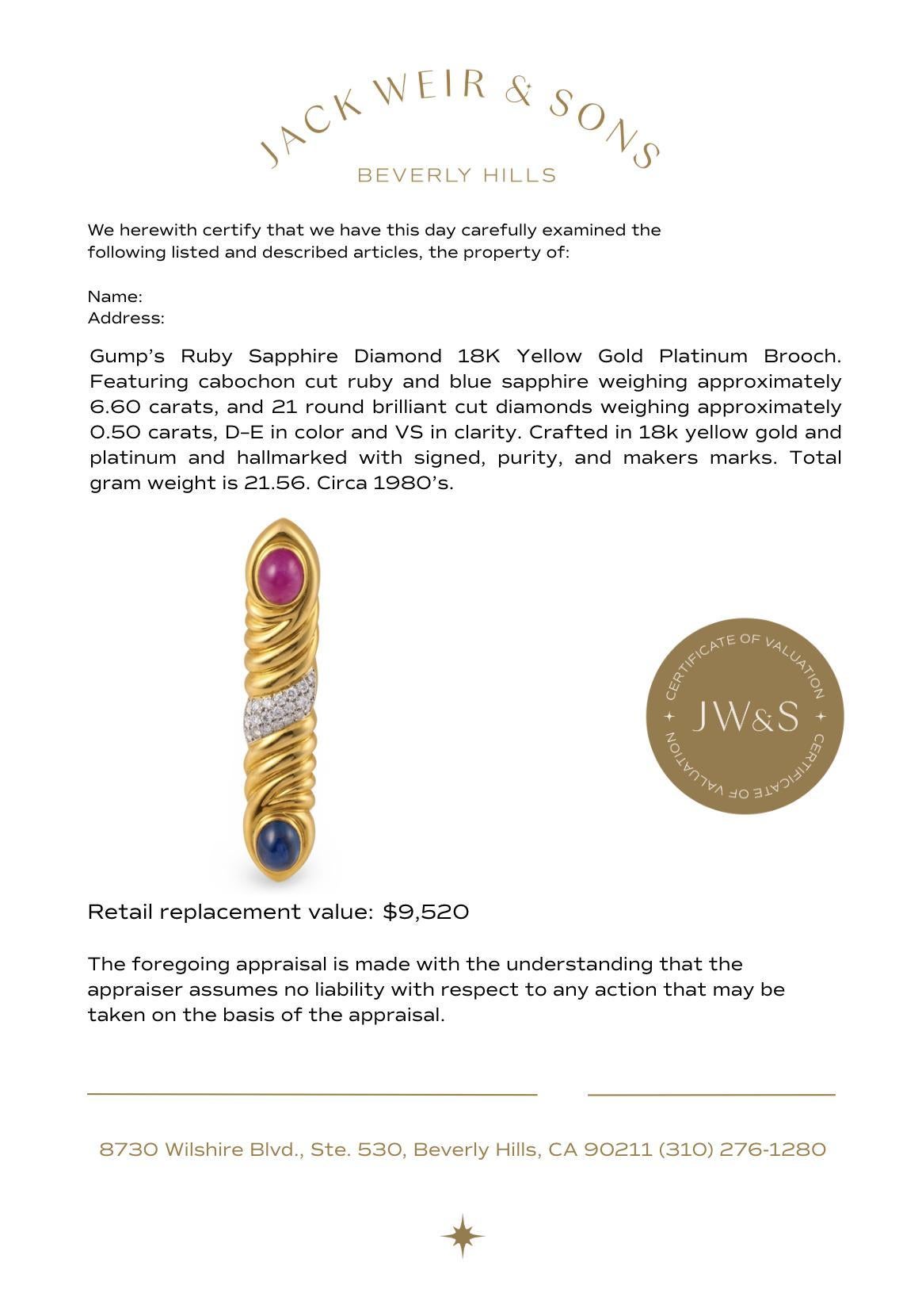 Broche de Gump en rubis saphir diamant or jaune 18k platine en vente 1