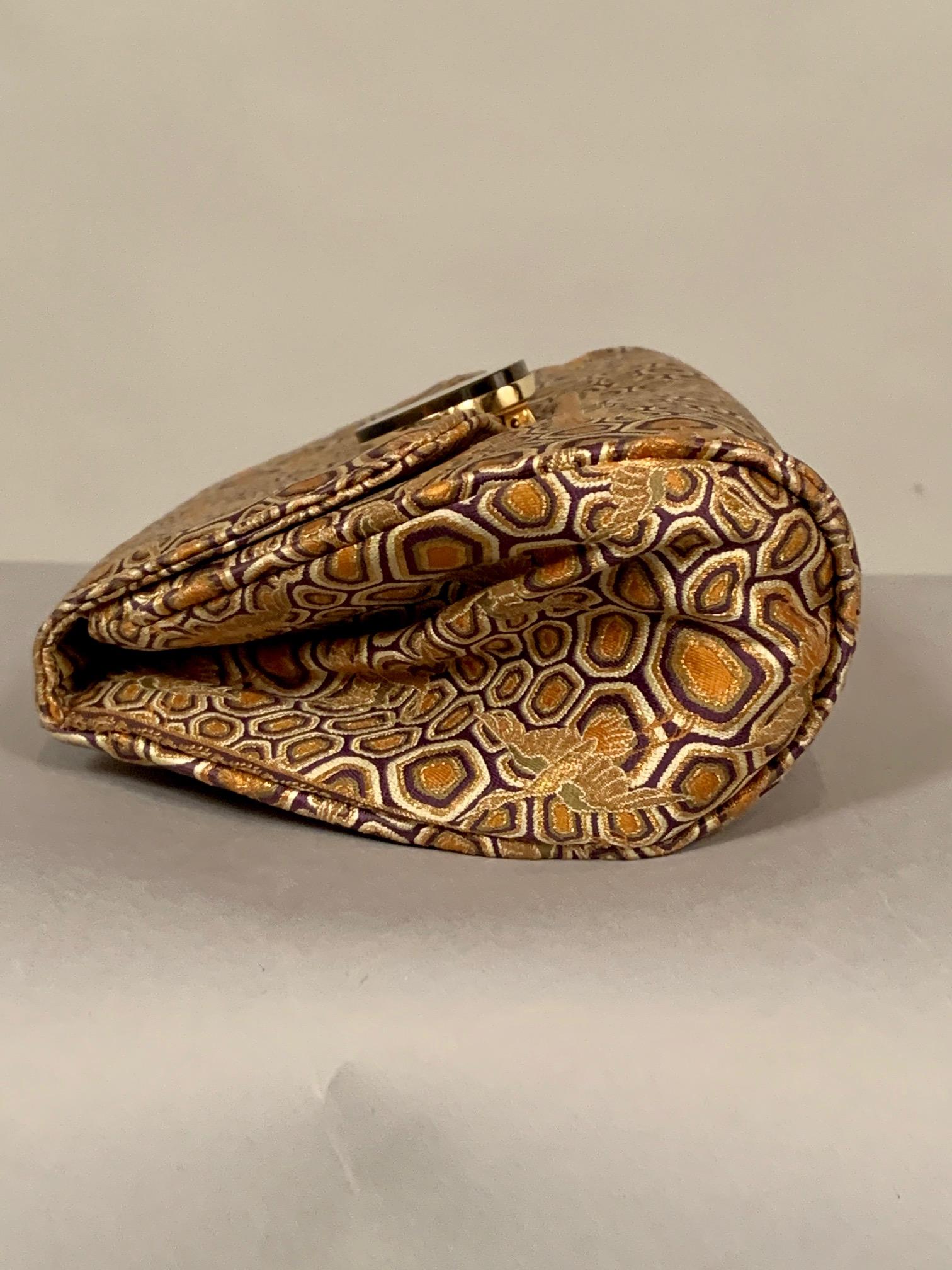 Gump's San Francisco 1930's Japanese Metallic Brocade Clutch, Tiger's Eye Clasp In Excellent Condition In New Hope, PA