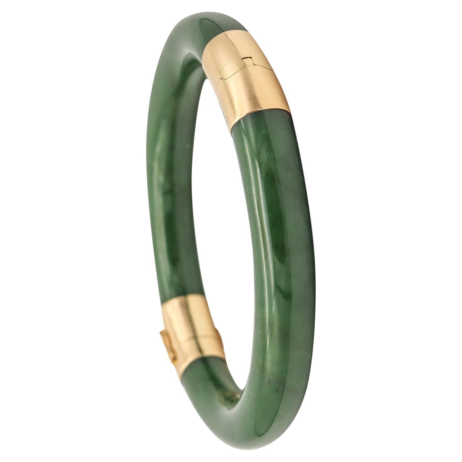 Gumps San Francisco Nephrite Green Jade Bangle Bracelet Mounted 14Kt Yellow Gold For Sale